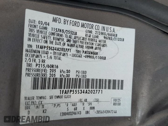 2004 Ford Taurus SES with VIN 1FAFP55S34A202771, listed as a Copart auction lot 61389605 with 180,144 mi miles and Clean title. Bid and sale history available at DreamBid. Image 12.