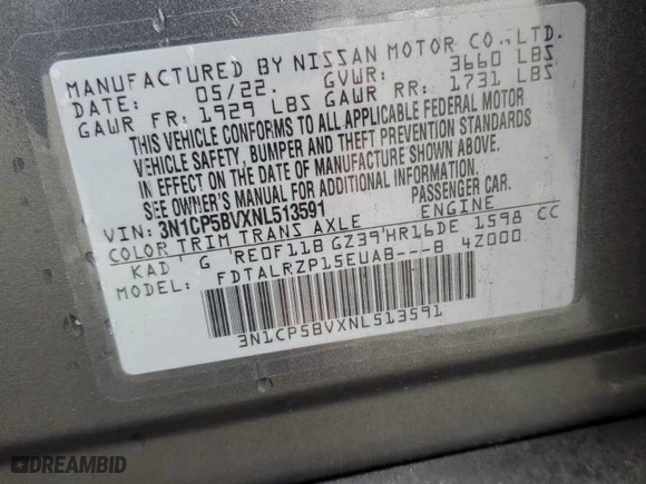 2022 Nissan Kicks S with VIN 3N1CP5BVXNL513591, listed as a Copart auction lot 81993284 with 33,625 mi miles and Salvage Title. Bid and sale history available at carsss.com. Image 13.