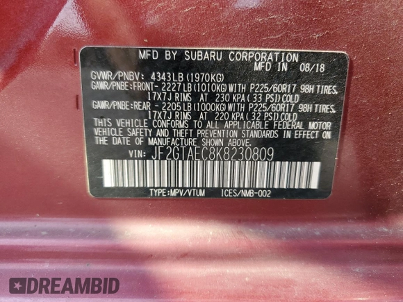 2019 Subaru Crosstrek Premium with VIN JF2GTAEC8K8230809, listed as a Copart auction lot 59338625 with 130,342 mi miles and Salvage title. Bid and sale history available at DreamBid. Image 13.