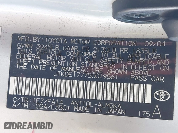 2005 Scion tC z VIN JTKDE177750019561, wystawiony jako IAAI lot #41045961 z przebiegiem Nie podano mil oraz . Historia ofert i sprzedaży dostępna na DreamBid. Obrazek 9.