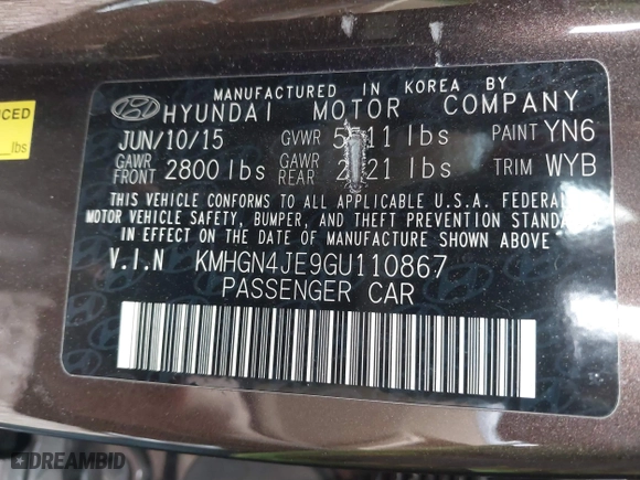 2016 Hyundai Genesis 3.8L with VIN KMHGN4JE9GU110867, listed as a IAAI auction lot 41729504 with 126,247 mi miles. Bid and sale history available at carsss.com. Image 9.