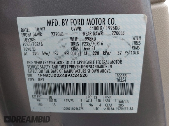 2008 Ford Escape XLS z VIN 1FMCU02Z48KC24526, wystawiony jako IAAI lot #42605206 z przebiegiem 119 311 mil mil oraz . Historia ofert i sprzedaży dostępna na DreamBid. Obrazek 9.