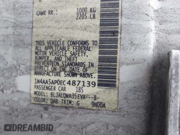 2014 Nissan Maxima S with VIN 1N4AA5AP0EC487139, listed as a IAAI auction lot 41450013 with 144,643 mi miles and . Bid and sale history available at DreamBid. Image 9.
