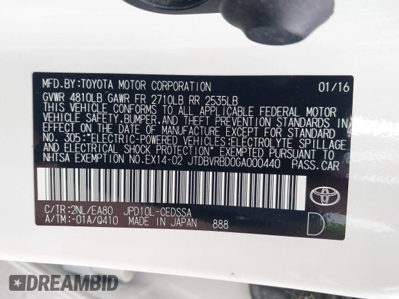 2016 Toyota Mirai with VIN JTDBVRBD0GA000440, listed as a IAAI auction lot 41247558 with 49,981 mi miles and . Bid and sale history available at DreamBid. Image 9.