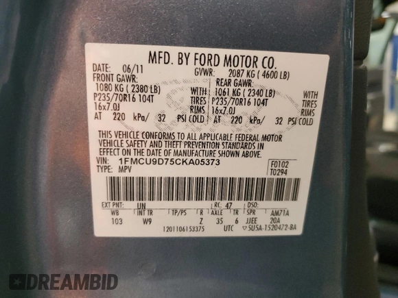 2012 Ford Escape XLT z VIN 1FMCU9D75CKA05373, wystawiony jako Copart lot #63442495 z przebiegiem 117 756 mil mil oraz Szkoda całkowita • Salvage title. Historia ofert i sprzedaży dostępna na DreamBid. Obrazek 13.