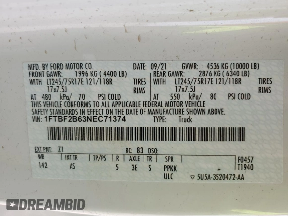 2022 Ford F-250 XL z VIN 1FTBF2B63NEC71374, wystawiony jako Copart lot #78085814 z przebiegiem 20 126 mil mil oraz Szkoda całkowita • Salvage title. Historia ofert i sprzedaży dostępna na DreamBid. Obrazek 12.
