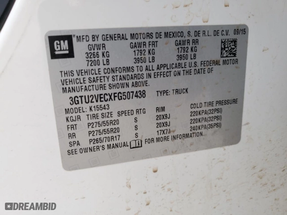 2015 GMC Sierra 1500 SLT with VIN 3GTU2VECXFG507438, listed as a Copart auction lot 86632444 with 189,553 mi miles and Salvage Title. Bid and sale history available at carsss.com. Image 14.