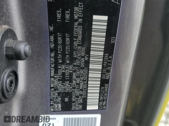 2020 Toyota Sienna XLE Auto Access Seat with VIN 5TDYZ3DC4LS025001, listed as a Copart auction lot 58201225 with 120,395 mi miles and Salvage title. Bid and sale history available at DreamBid. Image 13.
