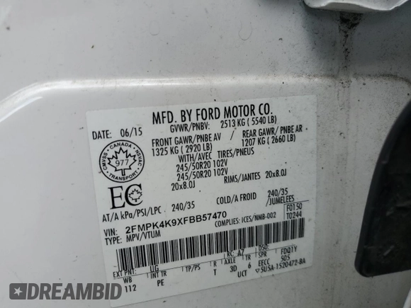 2015 Ford Edge Titanium with VIN 2FMPK4K9XFBB57470, listed as a Copart auction lot 53966505 with 82,407 mi miles and Salvage Title. Bid and sale history available at carsss.com. Image 14.