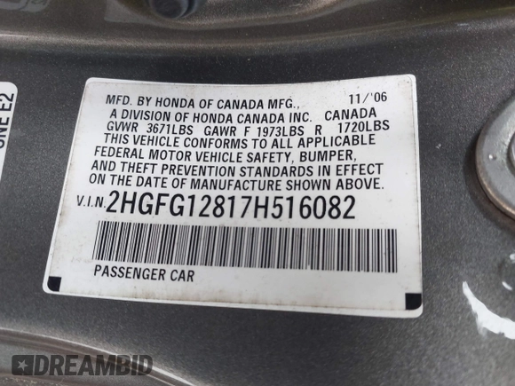 2007 Honda Civic Cpe EX with VIN 2HGFG12817H516082, listed as a IAAI auction lot 42142797 with 170,442 mi miles. Bid and sale history available at carsss.com. Image 9.