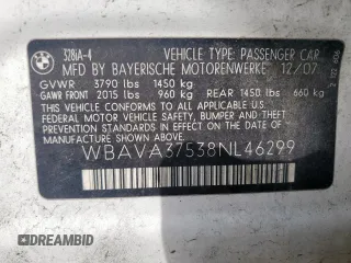 2008 BMW 3 Series 328i with VIN WBAVA37538NL46299, listed as a Copart auction lot 60355545 with 144,821 mi miles and Salvage title. Bid and sale history available at DreamBid. Image 13.