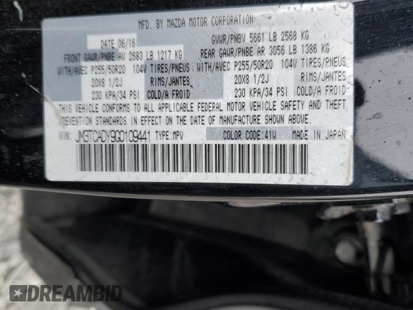 2016 Mazda CX-9 Grand Touring with VIN JM3TCADY9G0109441, listed as a Copart auction lot 42572565 with Not Provided miles and Salvage Title. Bid and sale history available at DreamBid. Image 13.