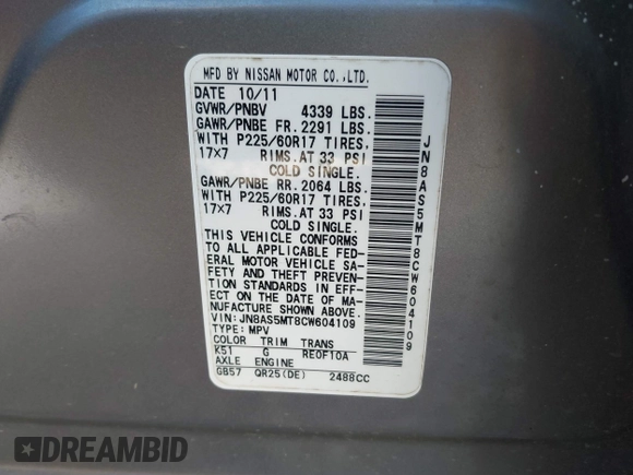 2012 Nissan Rogue SL with VIN JN8AS5MT8CW604109, listed as a IAAI auction lot 41869255 with 125,282 mi miles and . Bid and sale history available at DreamBid. Image 9.