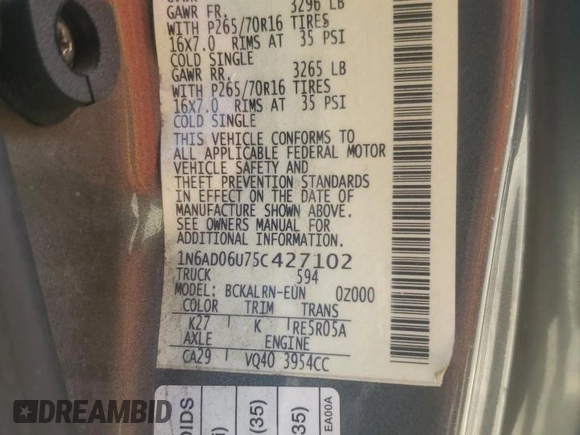 2005 Nissan Frontier SE with VIN 1N6AD06U75C427102, listed as a Copart auction lot 81994614 with 216,750 mi miles and Salvage title. Bid and sale history available at DreamBid. Image 12.