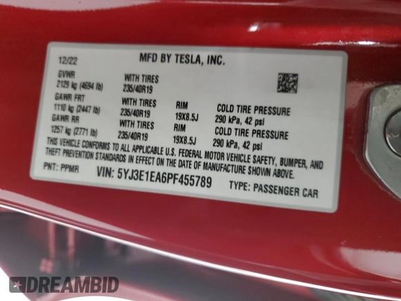 2023 Tesla Model 3 with VIN 5YJ3E1EA6PF455789, listed as a Copart auction lot 54715665 with 64,658 mi miles and Salvage Title. Bid and sale history available at DreamBid. Image 12.