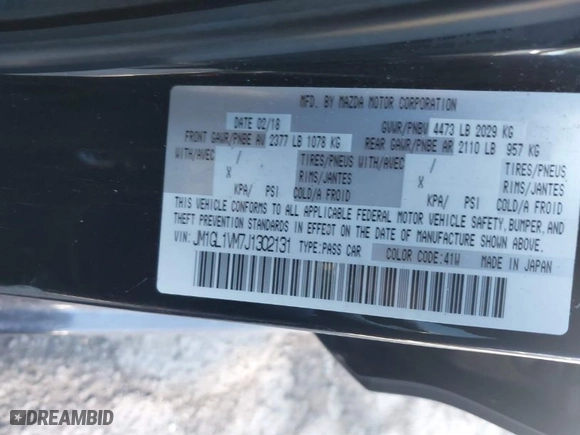 2018 Mazda Mazda6 Touring with VIN JM1GL1VM7J1302131, listed as a IAAI auction lot 41426717 with NaN miles. Bid and sale history available at carsss.com. Image 9.