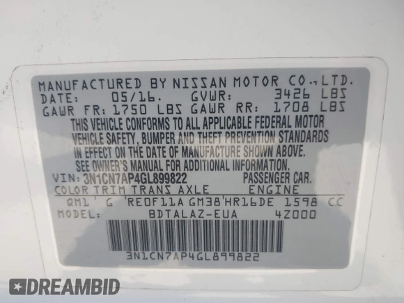 2016 Nissan Versa S с VIN 3N1CN7AP4GL899822, выставлен на аукционе IAAI как лот 42462612 с пробегом 97 896 миль миль и . История ставок и продаж доступна на DreamBid. Изображение 9.