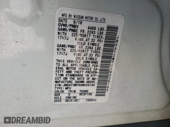 2016 Nissan Rogue SV with VIN JN8AT2MT6GW026190, listed as a Copart auction lot 49178885 with 121,076 mi miles and Salvage Title. Bid and sale history available at carsss.com. Image 15.