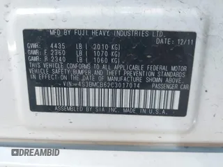 2012 Subaru Legacy Premium with VIN 4S3BMCB62C3017014, listed as a IAAI auction lot 42555500 with 109,027 mi miles and . Bid and sale history available at DreamBid. Image 9.