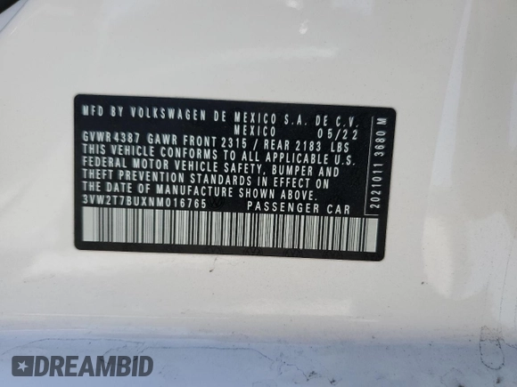 2022 Volkswagen Jetta GLI Autobahn with VIN 3VW2T7BUXNM016765, listed as a Copart auction lot 52581365 with 24,228 mi miles and Salvage title. Bid and sale history available at DreamBid. Image 12.
