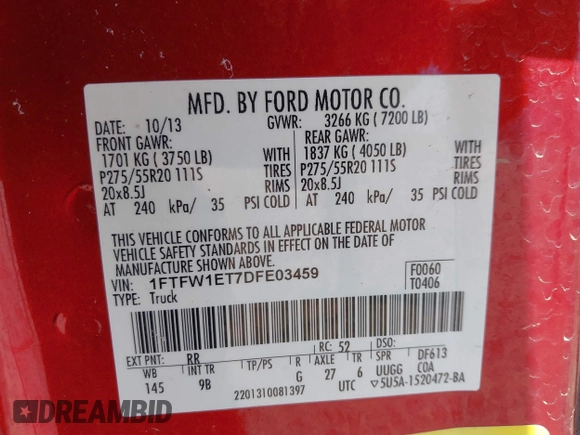 2013 Ford F-150 XL with VIN 1FTFW1ET7DFE03459, listed as a IAAI auction lot 42068343 with 86,753 mi miles and . Bid and sale history available at DreamBid. Image 9.