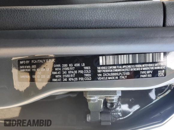 2020 Jeep Renegade Latitude with VIN ZACNJBBB5LPL73169, listed as a Copart auction lot 49267465 with 50,862 mi miles and Salvage Title. Bid and sale history available at carsss.com. Image 13.