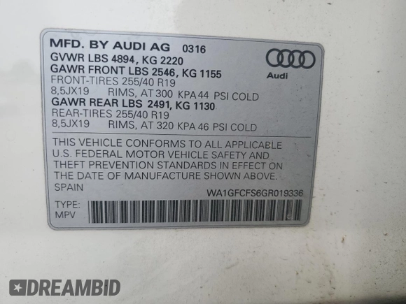 2016 Audi Q3 Prestige with VIN WA1GFCFS6GR019336, listed as a Copart auction lot 60633265 with 85,502 mi miles and Salvage title. Bid and sale history available at DreamBid. Image 12.