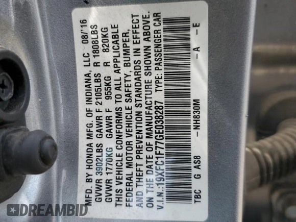 2016 Honda Civic EX-L z VIN 19XFC1F77GE038287, wystawiony jako Copart lot #58937695 z przebiegiem 146 025 mil mil oraz Szkoda całkowita • Salvage title. Historia ofert i sprzedaży dostępna na DreamBid. Obrazek 12.