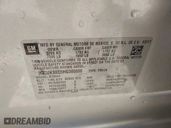 2017 Chevrolet Silverado 1500 LTZ with VIN 3GCUKSEC5HG380888, listed as a IAAI auction lot 41860768 with 78,455 mi miles and . Bid and sale history available at DreamBid. Image 9.