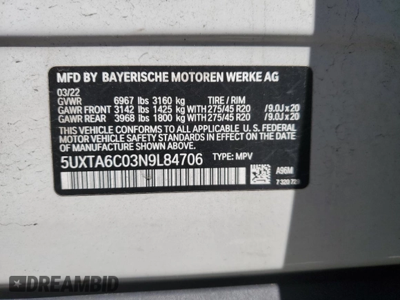 2022 BMW X5 xDrive45e with VIN 5UXTA6C03N9L84706, listed as a Copart auction lot 50725583 with 25,616 mi miles and . Bid and sale history available at DreamBid. Image 13.