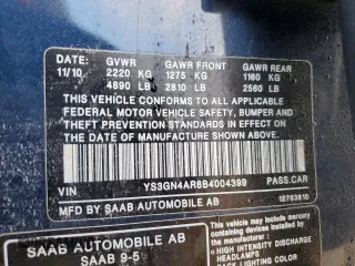 2011 Saab 9-5 Turbo4 with VIN YS3GN4AR8B4004399, listed as a Copart auction lot 73726034 with 0 mi miles and Salvage Title. Bid and sale history available at carsss.com. Image 13.