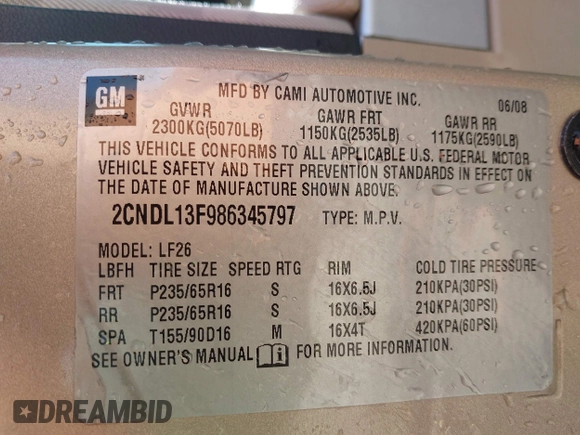 2008 Chevrolet Equinox LS with VIN 2CNDL13F986345797, listed as a IAAI auction lot 41846641 with 144,179 mi miles. Bid and sale history available at carsss.com. Image 9.