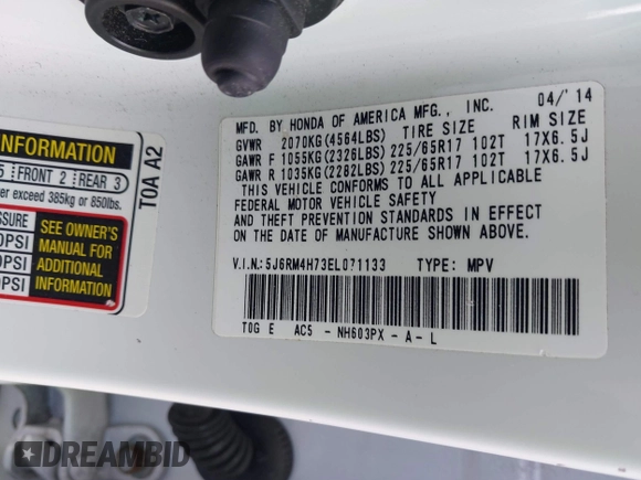 2014 Honda CR-V EX-L with VIN 5J6RM4H73EL071133, listed as a IAAI auction lot 42006493 with 76,001 mi miles. Bid and sale history available at carsss.com. Image 9.