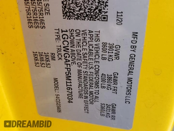 2021 Chevrolet Express Cargo with VIN 1GCWGAFP5M1167034, listed as a Copart auction lot 42161135 with 180,713 mi miles and Clean title. Bid and sale history available at DreamBid. Image 13.