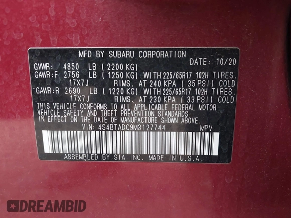 2021 Subaru Outback Premium с VIN 4S4BTADC9M3127744, выставлен на аукционе IAAI как лот 42403047 с пробегом 52 498 миль миль и . История ставок и продаж доступна на DreamBid. Изображение 9.
