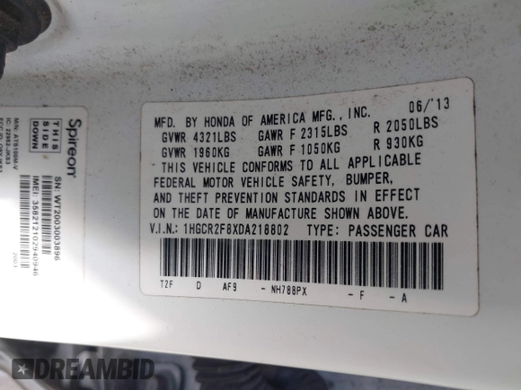 2013 Honda Accord Sdn EX-L with VIN 1HGCR2F8XDA218802, listed as a IAAI auction lot 42036529 with 169,866 mi miles. Bid and sale history available at carsss.com. Image 9.