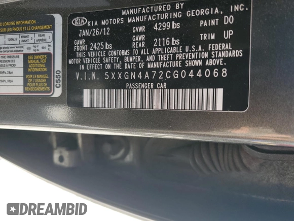 2012 Kia Optima EX with VIN 5XXGN4A72CG044068, listed as a Copart auction lot 53275635 with 153,192 mi miles and Salvage Title. Bid and sale history available at carsss.com. Image 12.