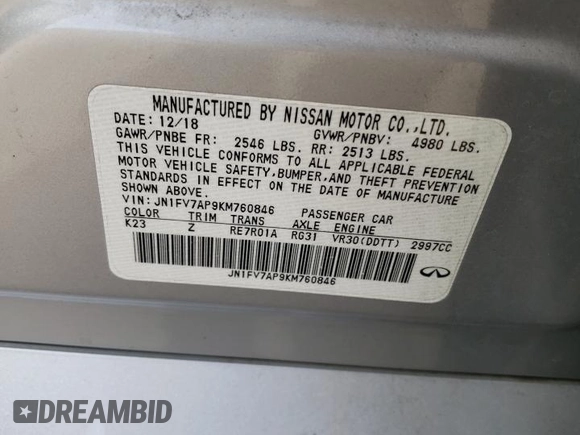2019 Infiniti Q50 RED SPORT 400 with VIN JN1FV7AP9KM760846, listed as a Copart auction lot 46466525 with 54,485 mi miles and Salvage Title. Bid and sale history available at carsss.com. Image 14.