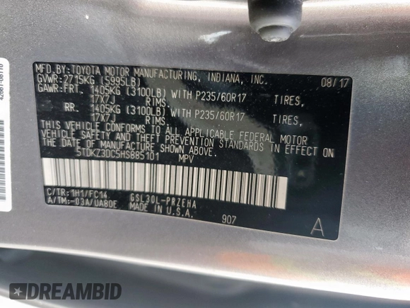 2017 Toyota Sienna LE Auto Access Seat with VIN 5TDKZ3DC5HS885101, listed as a Copart auction lot 59471975 with 117,696 mi miles and Salvage title. Bid and sale history available at DreamBid. Image 13.