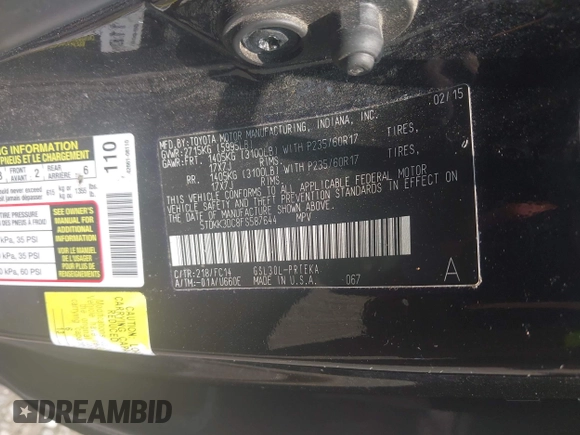 2015 Toyota Sienna LE AAS with VIN 5TDKK3DC8FS587644, listed as a IAAI auction lot 42332813 with 125,675 mi miles and . Bid and sale history available at DreamBid. Image 9.
