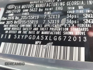 2020 Kia Sorento LX with VIN 5XYPGDA5XLG672013, listed as a IAAI auction lot 42185299 with 78,681 mi miles and . Bid and sale history available at carsss.com. Image 9.
