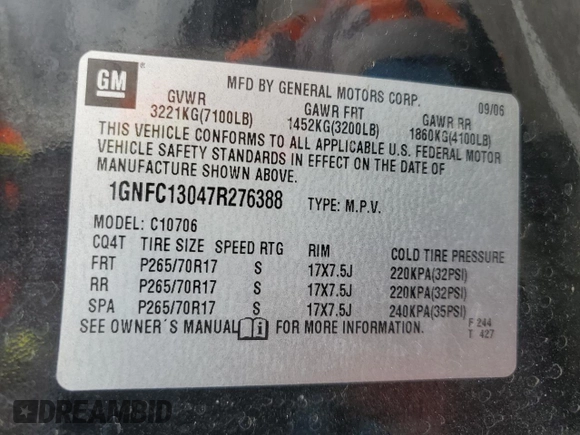 2007 Chevrolet Tahoe LT z VIN 1GNFC13047R276388, wystawiony jako Copart lot #53469155 z przebiegiem Nie podano mil oraz Szkoda całkowita • Salvage title. Historia ofert i sprzedaży dostępna na DreamBid. Obrazek 13.