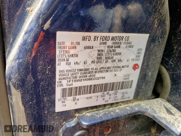 2008 Ford F-250 XL z VIN 1FTSW21R58ED32756, wystawiony jako Copart lot #60530325 z przebiegiem 165 089 mil mil oraz Czysty tytuł • Clean title. Historia ofert i sprzedaży dostępna na DreamBid. Obrazek 13.