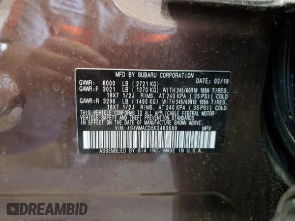 2019 Subaru Ascent Premium with VIN 4S4WMACD5K3460688, listed as a Copart auction lot 57597875 with 22,130 mi miles and Salvage title. Bid and sale history available at DreamBid. Image 13.