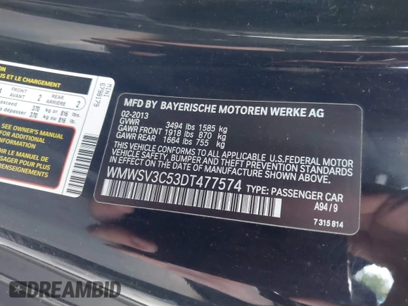 2013 MINI Hardtop S with VIN WMWSV3C53DT477574, listed as a IAAI auction lot 42385383 with 81,312 mi miles and . Bid and sale history available at DreamBid. Image 9.