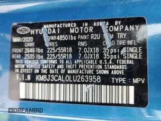 2020 Hyundai Tucson Sport with VIN KM8J3CAL0LU263958, listed as a Copart auction lot 48581035 with 30,678 mi miles and Salvage title. Bid and sale history available at DreamBid. Image 13.