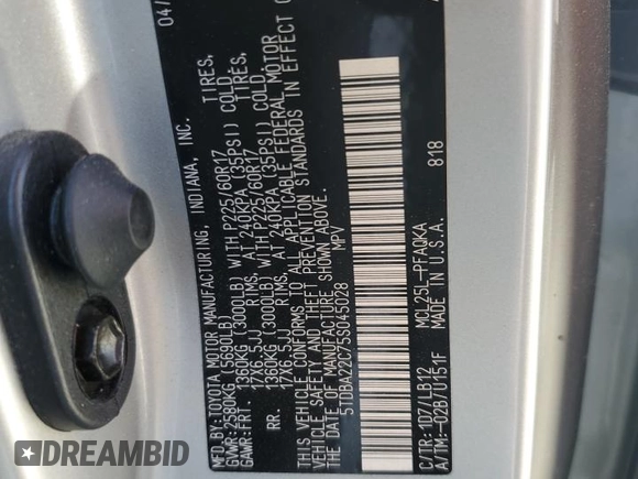 2005 Toyota Sienna XLE z VIN 5TDBA22C75S045028, wystawiony jako Copart lot #59695655 z przebiegiem 52 617 mil mil oraz Czysty tytuł • Clean title. Historia ofert i sprzedaży dostępna na DreamBid. Obrazek 13.