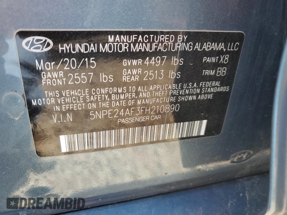 2015 Hyundai Sonata 2.4L SE with VIN 5NPE24AF3FH210890, listed as a Copart auction lot 53144635 with 113,431 mi miles and Salvage Title. Bid and sale history available at carsss.com. Image 12.