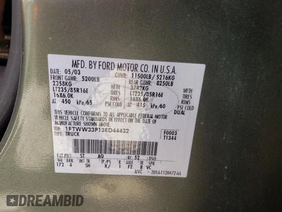 2003 Ford F-350 XL with VIN 1FTWW33P13ED44432, listed as a Copart auction lot 84856594 with 188,551 mi miles and Salvage Title. Bid and sale history available at DreamBid. Image 13.