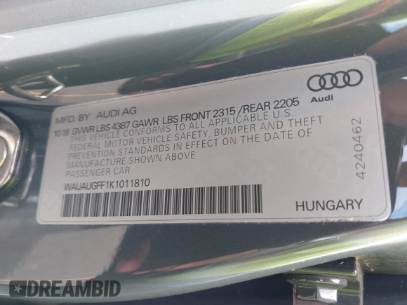 2019 Audi A3 Premium with VIN WAUAUGFF1K1011810, listed as a IAAI auction lot 41085240 with 51,644 mi miles and . Bid and sale history available at DreamBid. Image 9.